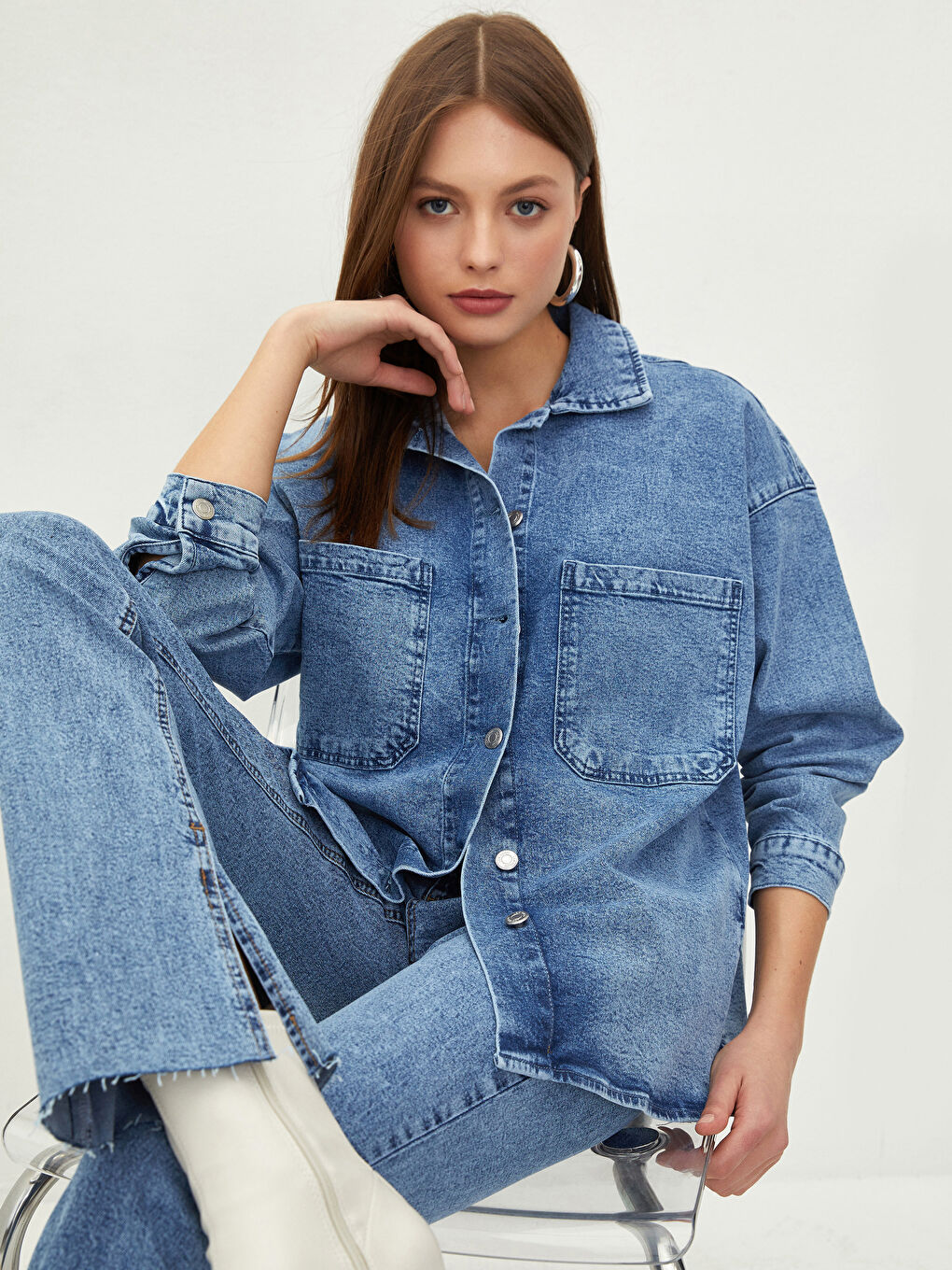 İndigo Gömlek Yaka Düz Uzun Kollu Kadın Rodeo Jean Ceket