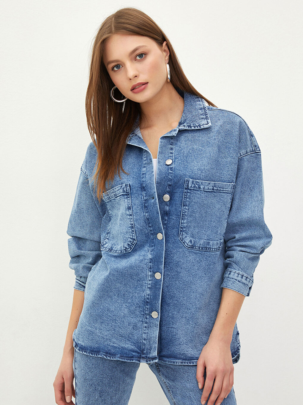 İndigo Gömlek Yaka Düz Uzun Kollu Kadın Rodeo Jean Ceket-1