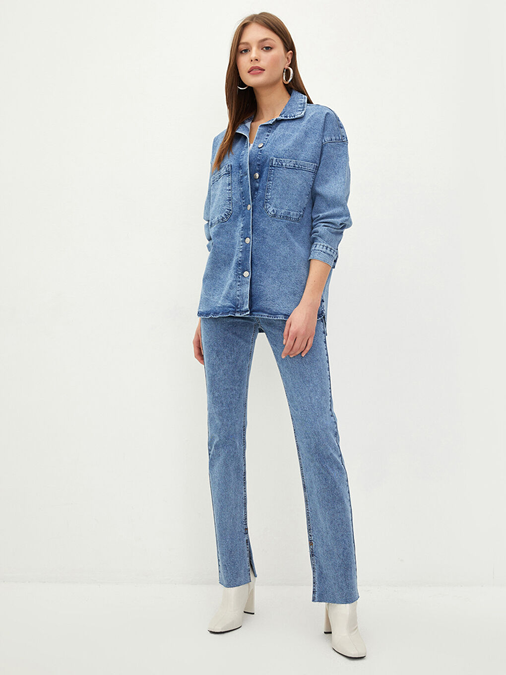 İndigo Gömlek Yaka Düz Uzun Kollu Kadın Rodeo Jean Ceket-2
