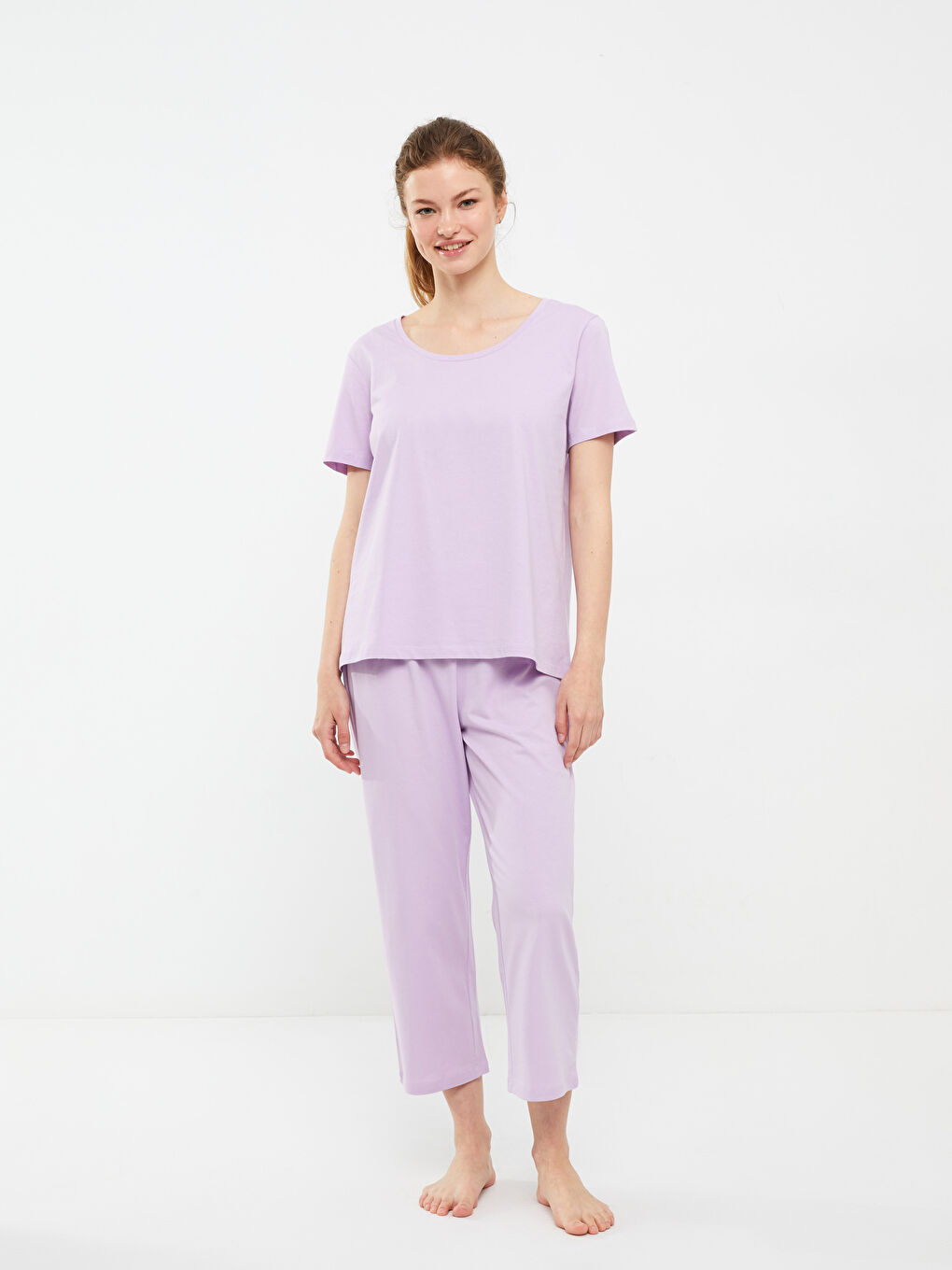 Crew Neck Straight Short Sleeve Cotton Women's Pajamas Set-2