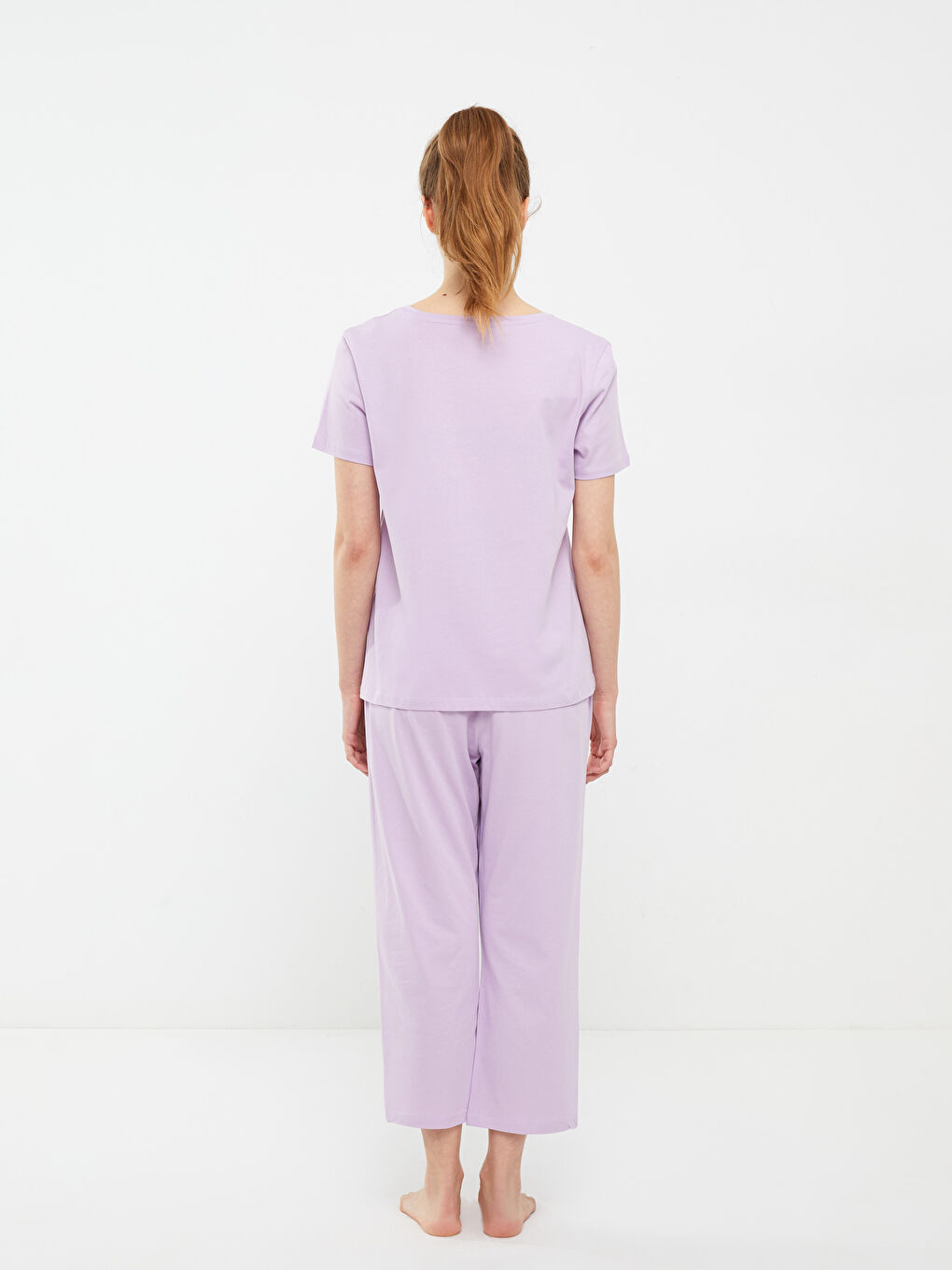 Crew Neck Straight Short Sleeve Cotton Women's Pajamas Set-4