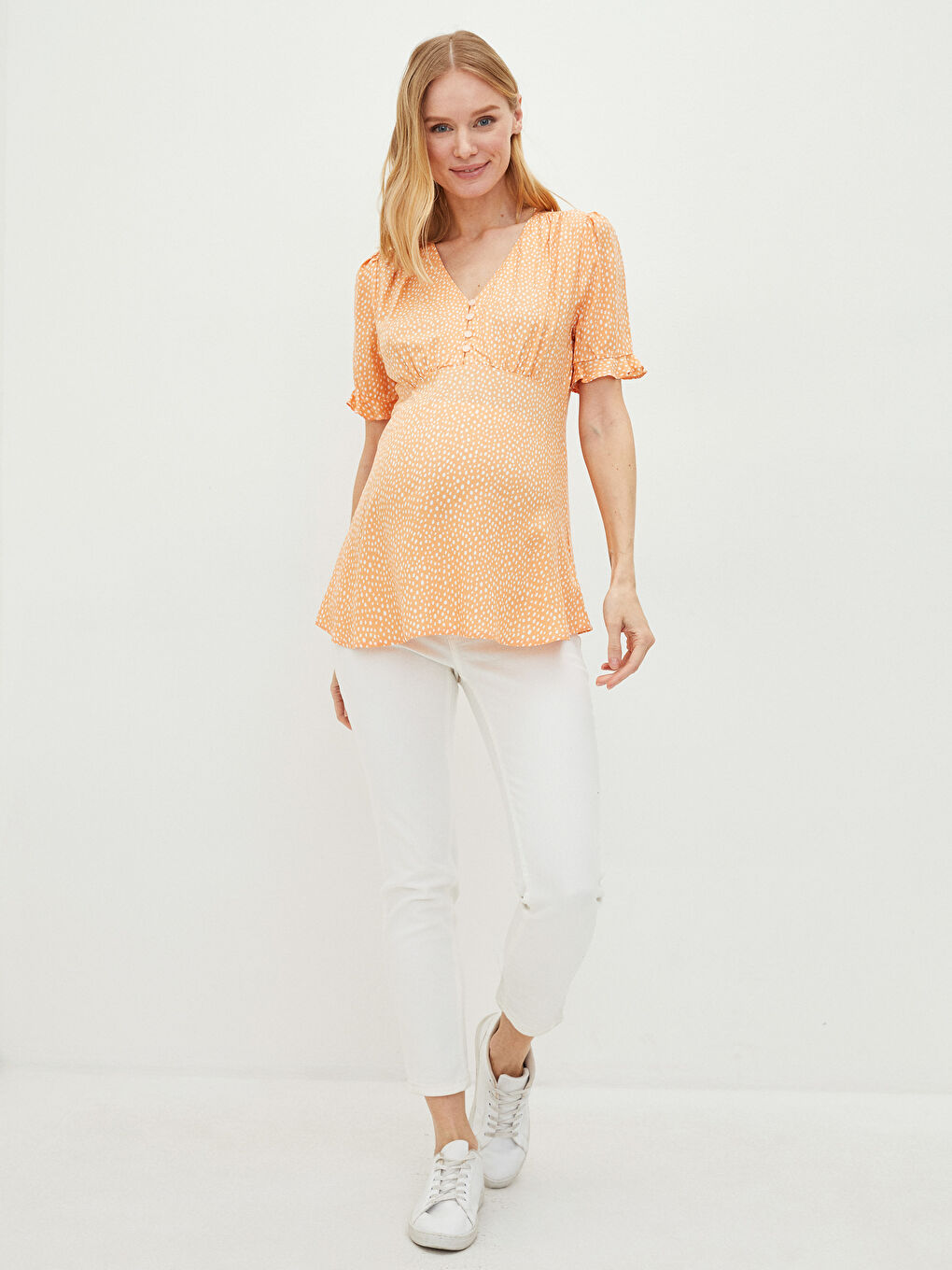 Mercan V Yaka Desenli Kısa Kollu Viskon Hamile Tunik-2