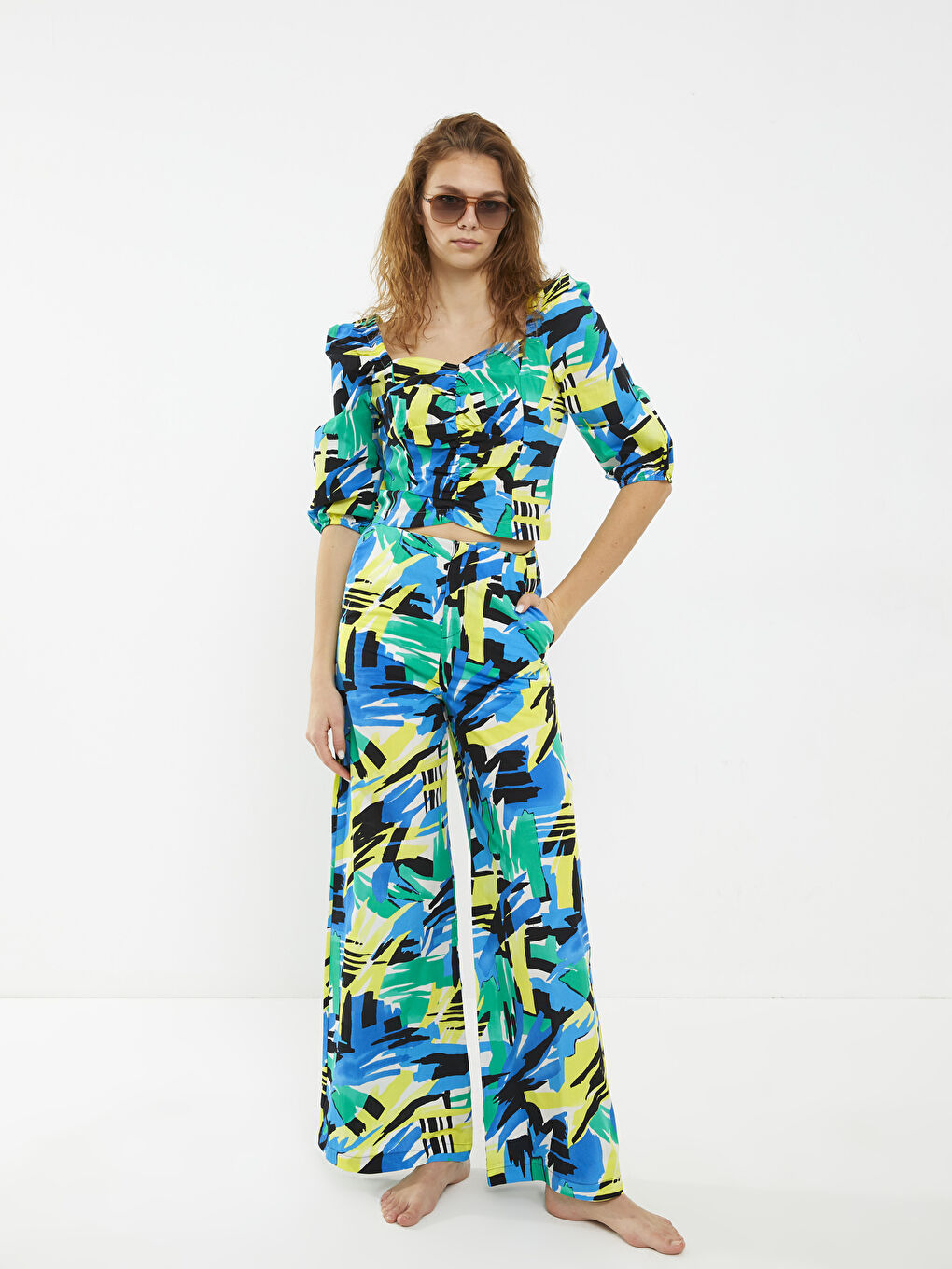 Standard Fit Patterned Pocket Detailed Cotton Women's Trousers-2