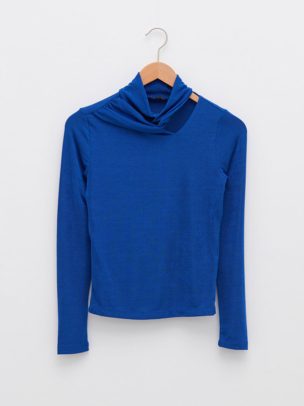 Mavi Dik Yaka Düz Uzun Kollu Kadın Bluz-5