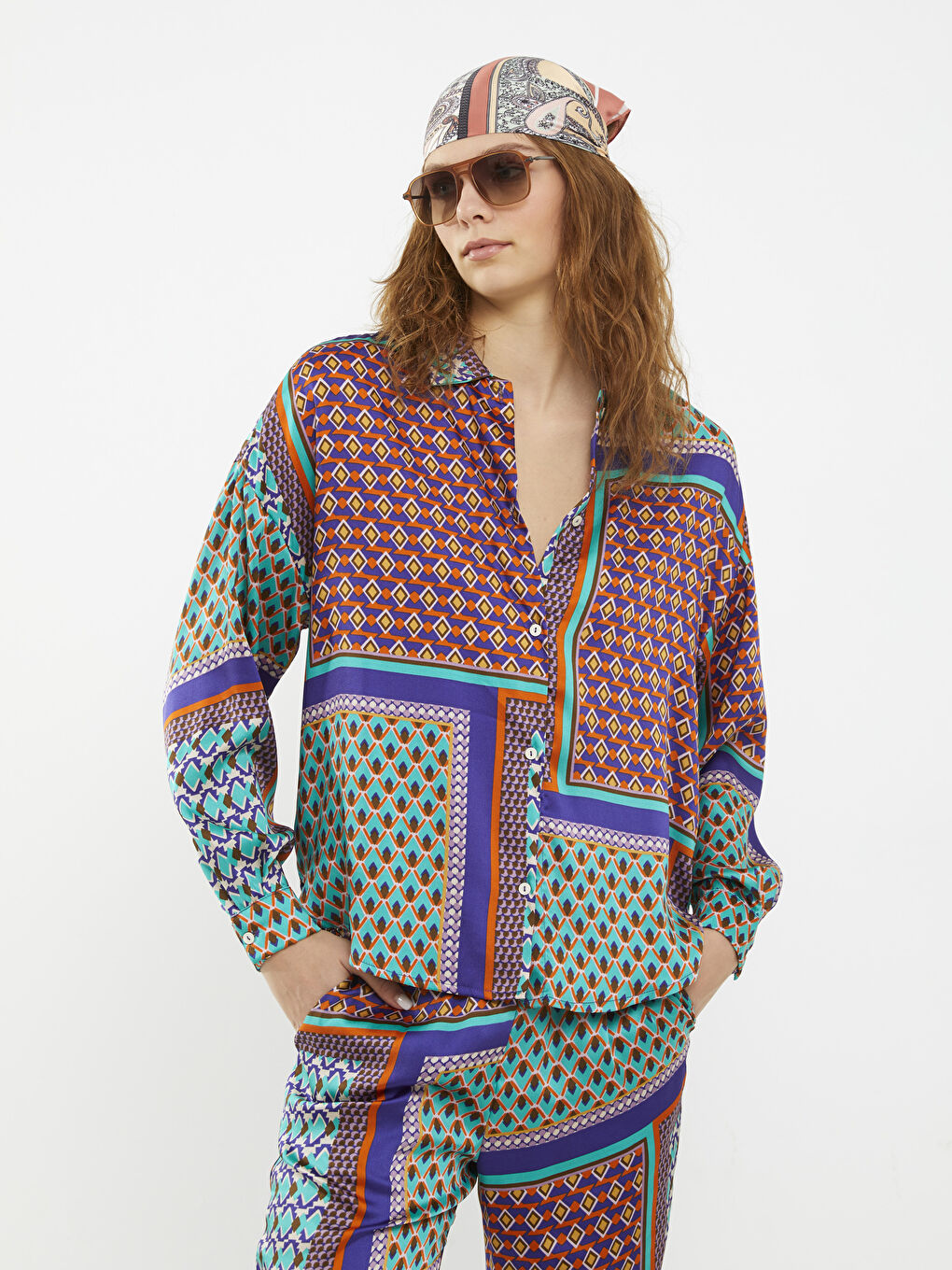 Patterned Long Sleeve Women's Shirt with Button Closure on the Front-1