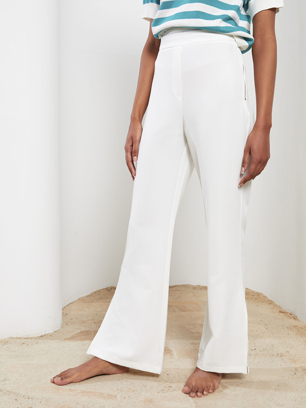 Zippered Waist Standard Fit Women's Straight Leg Slit Trousers -S2ET20Z8-L7Y