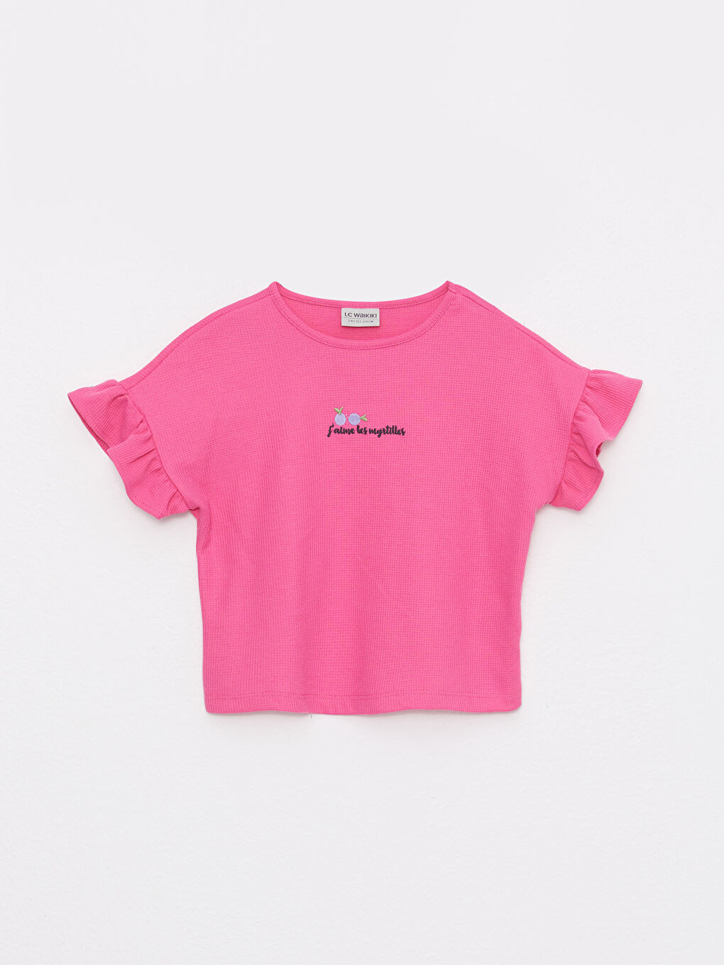 Pembe Bisiklet Yaka Nakış Detaylı Kısa Kollu Kız Çocuk Tişört