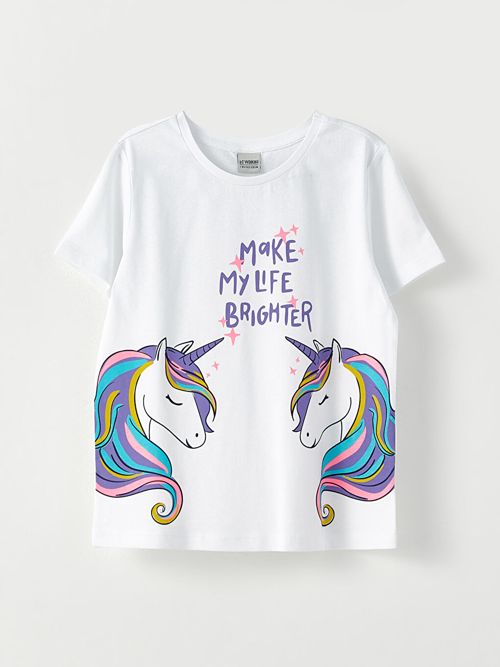 Beyaz Bisiklet Yaka Baskılı Kısa Kollu Pamuklu Kız Çocuk Tişört