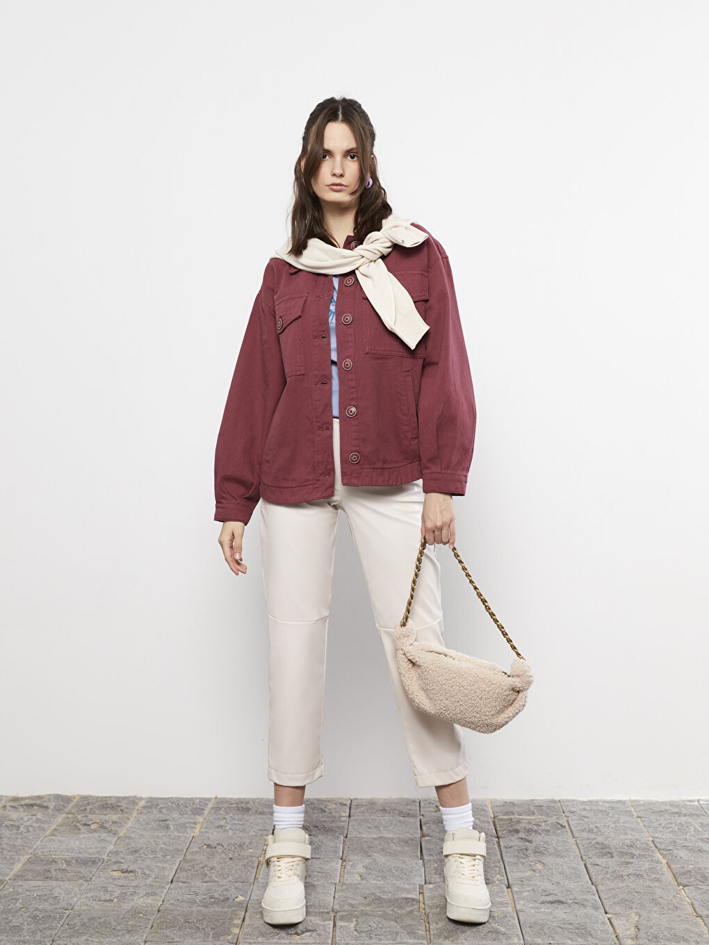 Front Button Closure Straight Long Sleeve Women's Jean Shirt Jacket