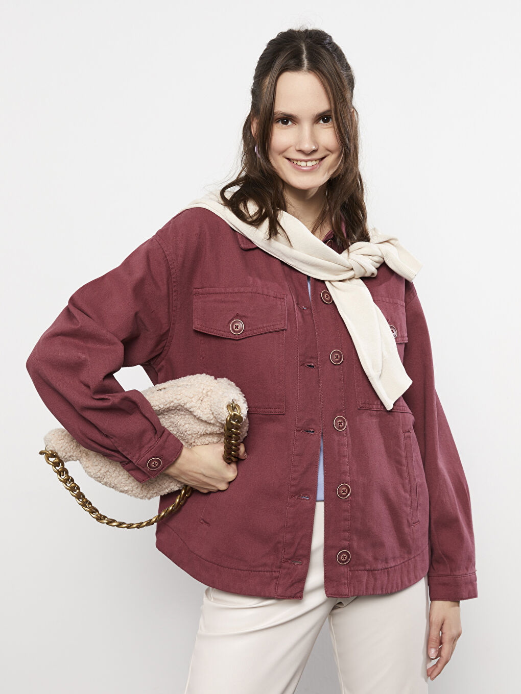 Front Button Closure Straight Long Sleeve Women's Jean Shirt Jacket-1