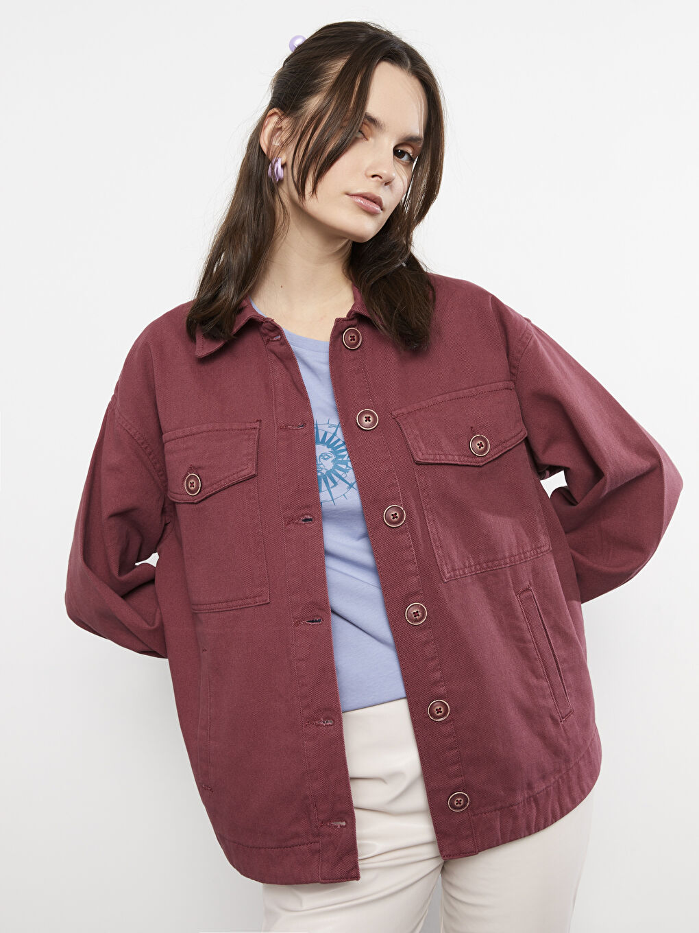 Front Button Closure Straight Long Sleeve Women's Jean Shirt Jacket-2