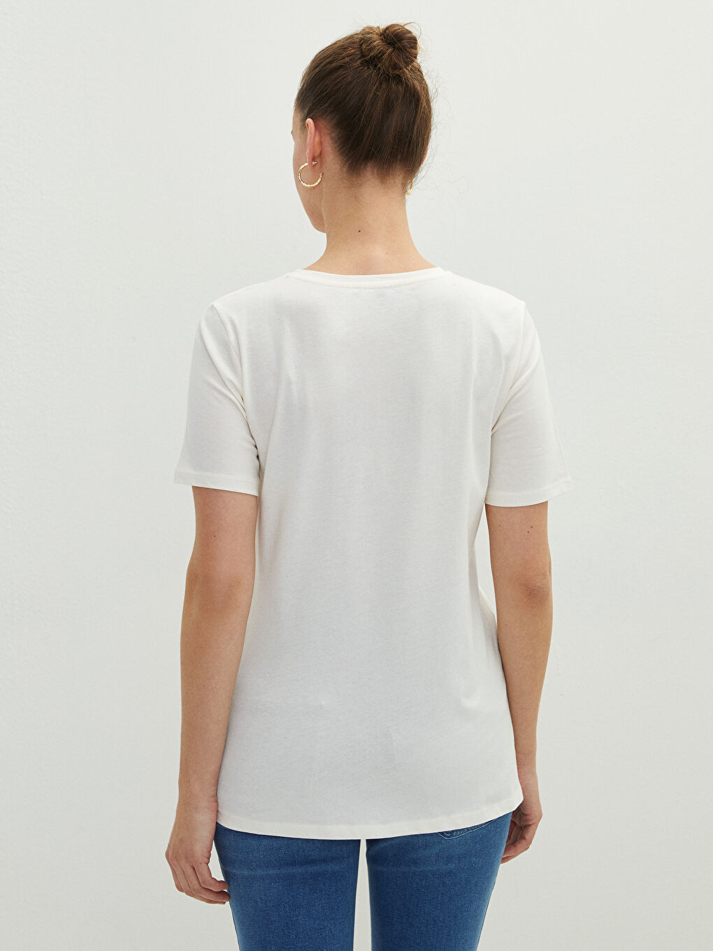 Ekru Bisiklet Yaka Baskılı Kısa Kollu Pamuklu Hamile Tişört-4