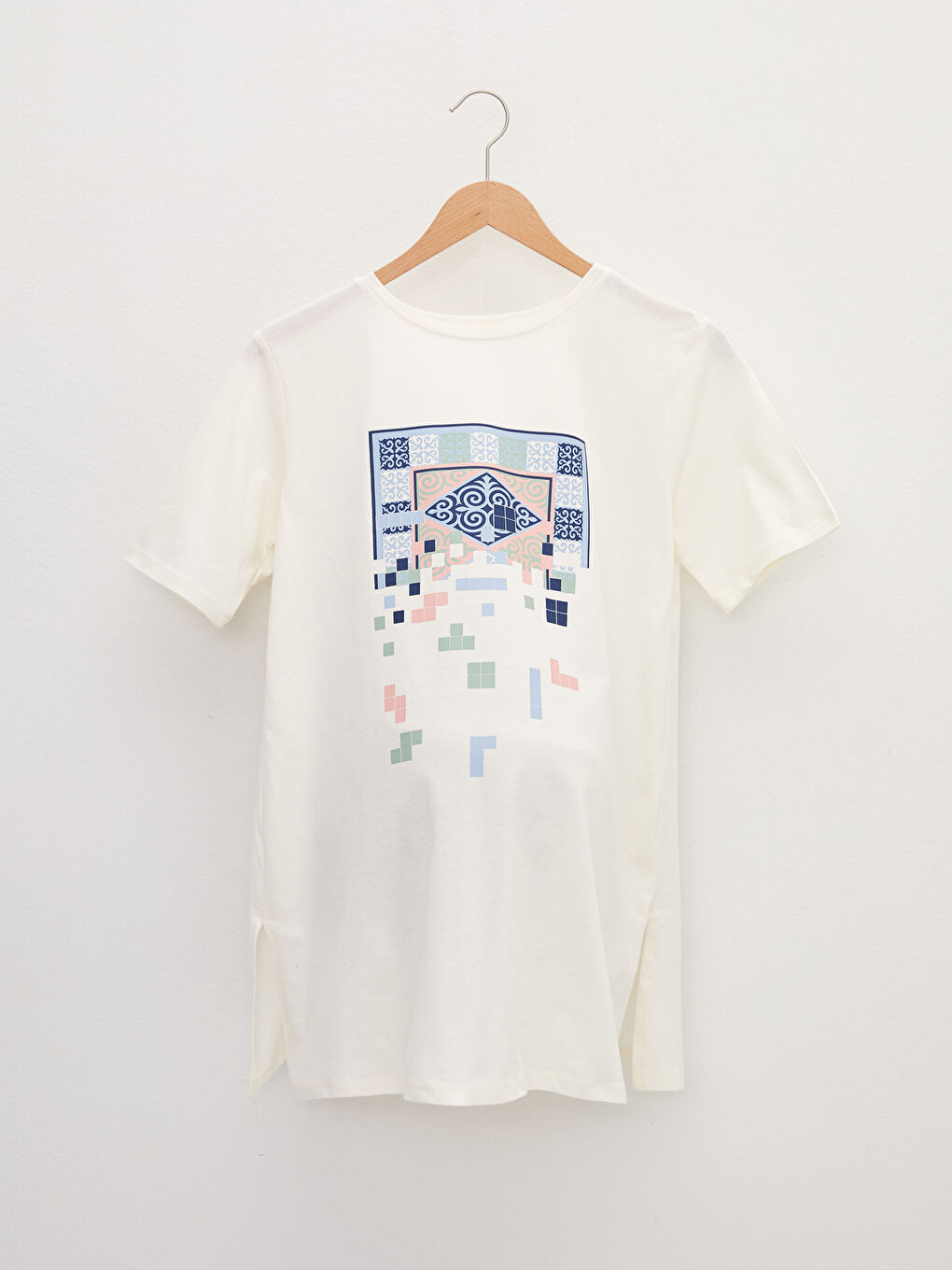 Ekru Bisiklet Yaka Baskılı Kısa Kollu Pamuklu Hamile Tişört-5