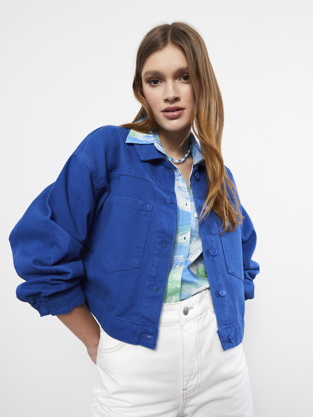  Front Button Closure Straight Long Sleeve Women's Jean Shirt Jacket