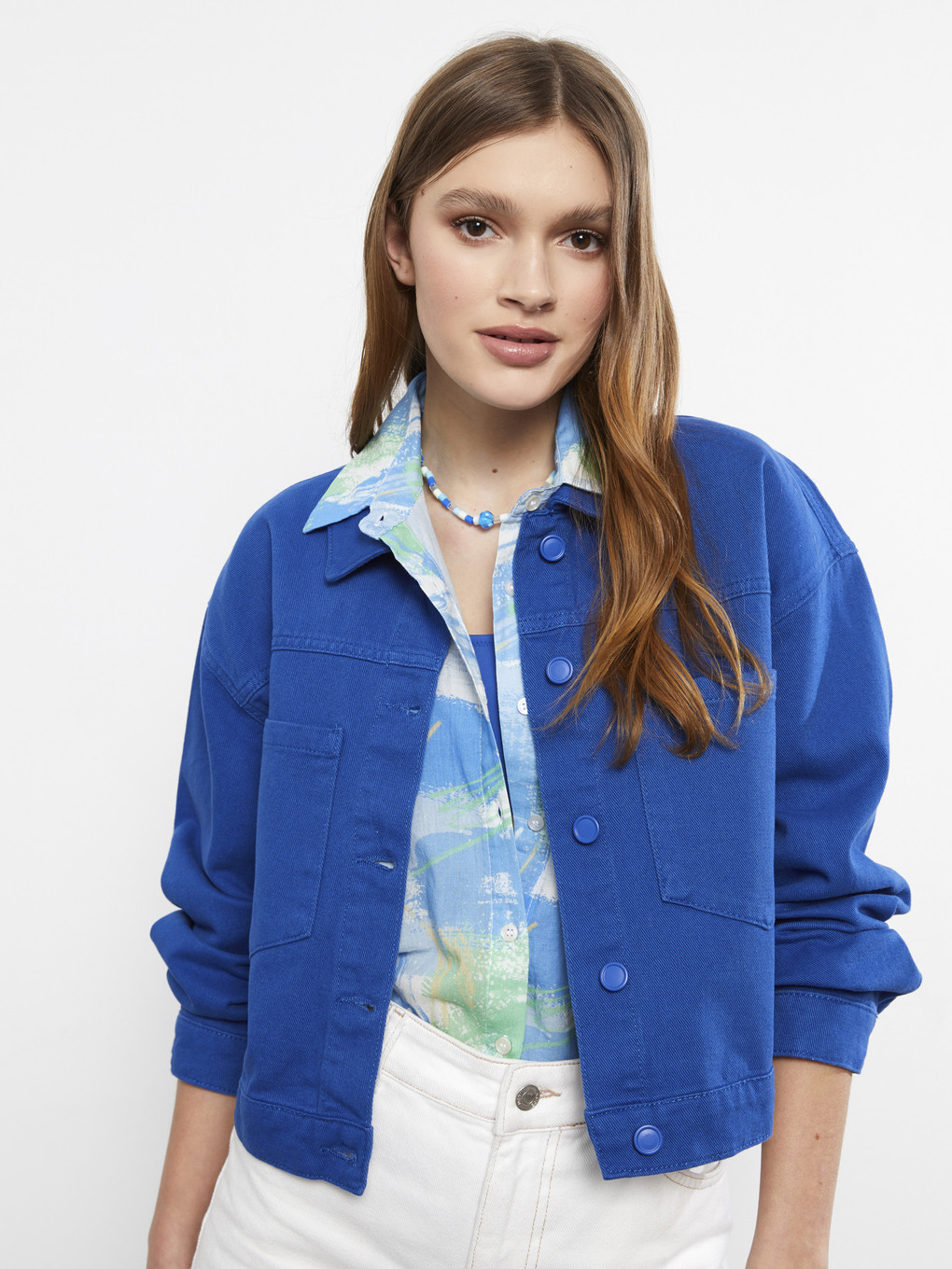 Front Button Closure Straight Long Sleeve Women's Jean Shirt Jacket-1
