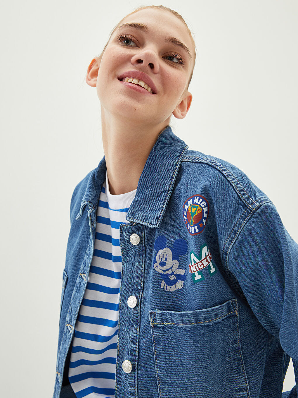 Geacă din denim Rodeo cu Guler de cămașă Mickey Mouse Imprimat Mânecă lungă pentru Femei-1