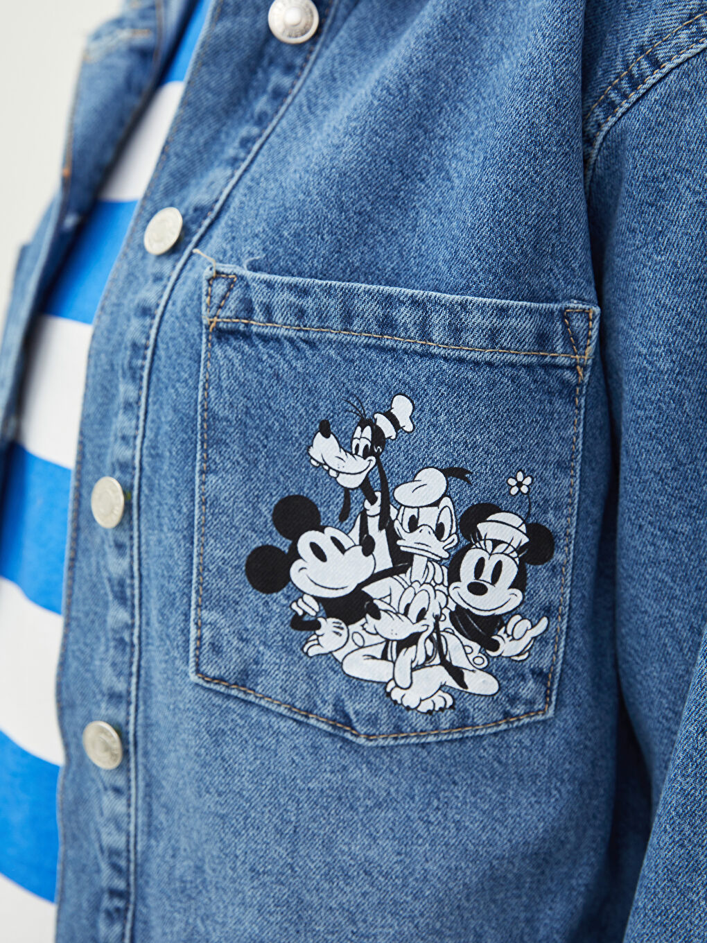 İndigo Gömlek Yaka Mickey Mouse Baskılı Uzun Kollu Kadın Rodeo Jean Ceket-4