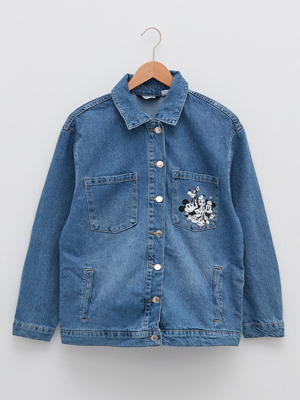 İndigo Gömlek Yaka Mickey Mouse Baskılı Uzun Kollu Kadın Rodeo Jean Ceket-6