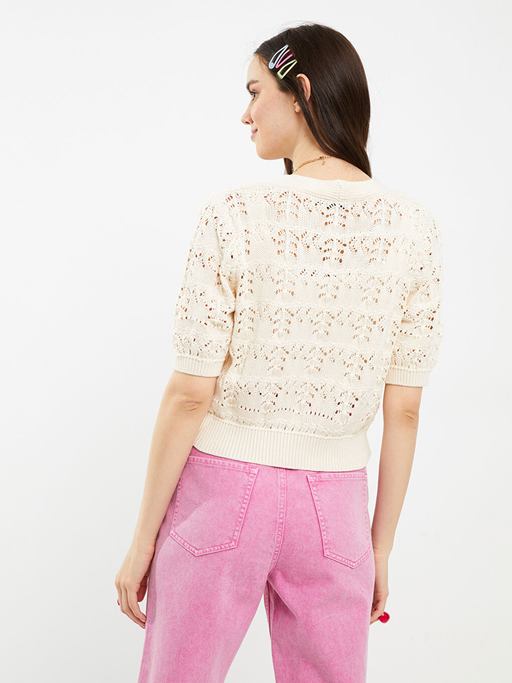 XSIDE V-Ausschnitt Gemusterte Kurzarm Strickjacke für Damen -S2EU59Z8-RFC