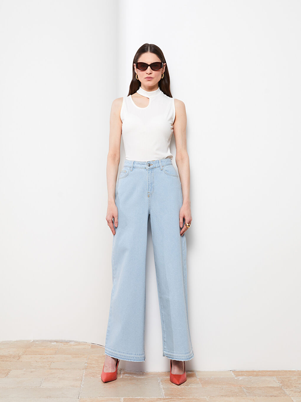 İndigo Beli Lastikli Wideleg Düz Cep Detaylı Kadın Jean Pantolon