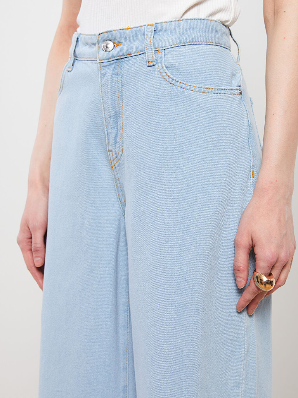 İndigo Beli Lastikli Wideleg Düz Cep Detaylı Kadın Jean Pantolon-2