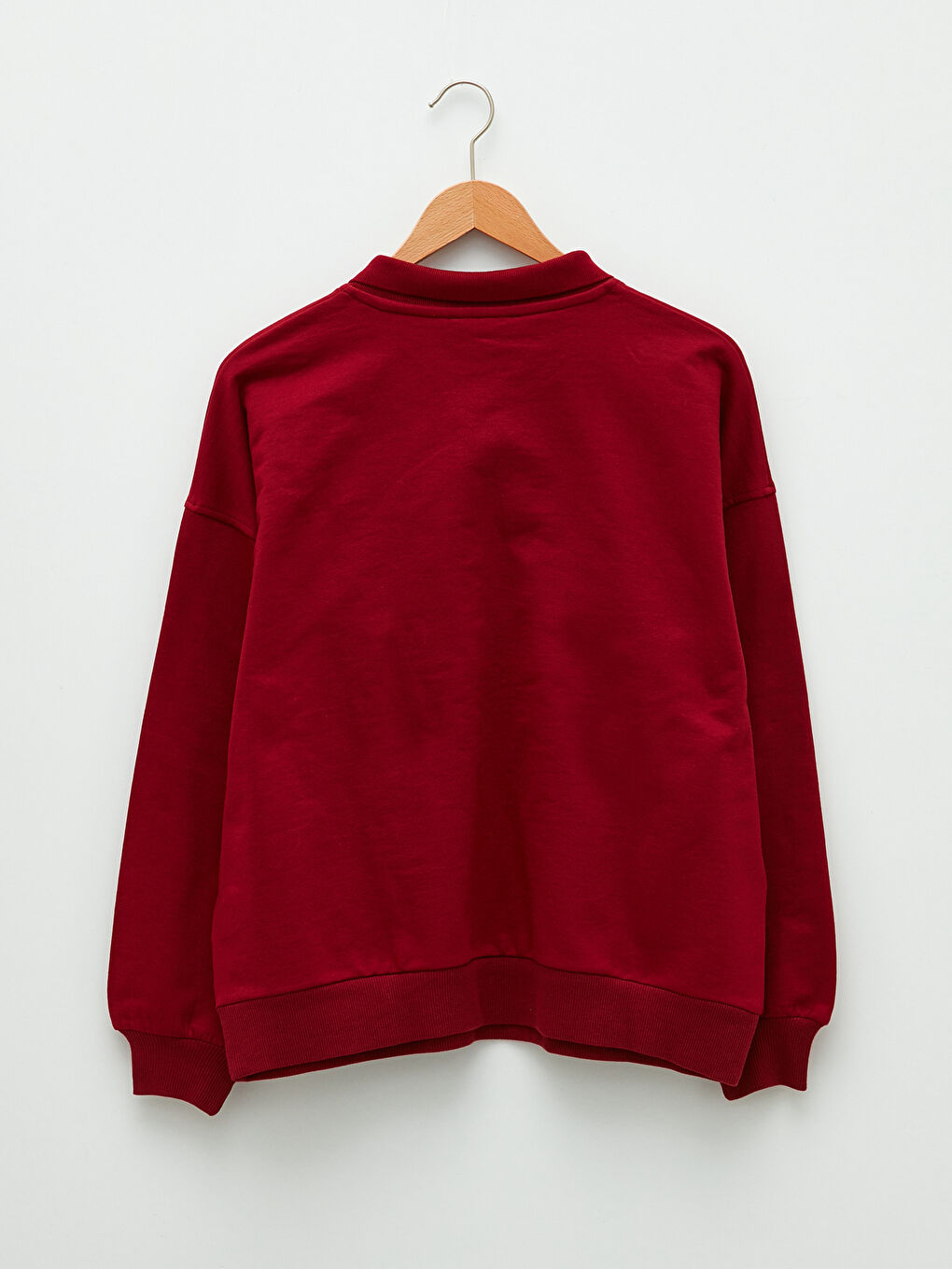Bordo Polo Yaka Yazı Baskılı Uzun Kollu Kadın Sweatshirt-6