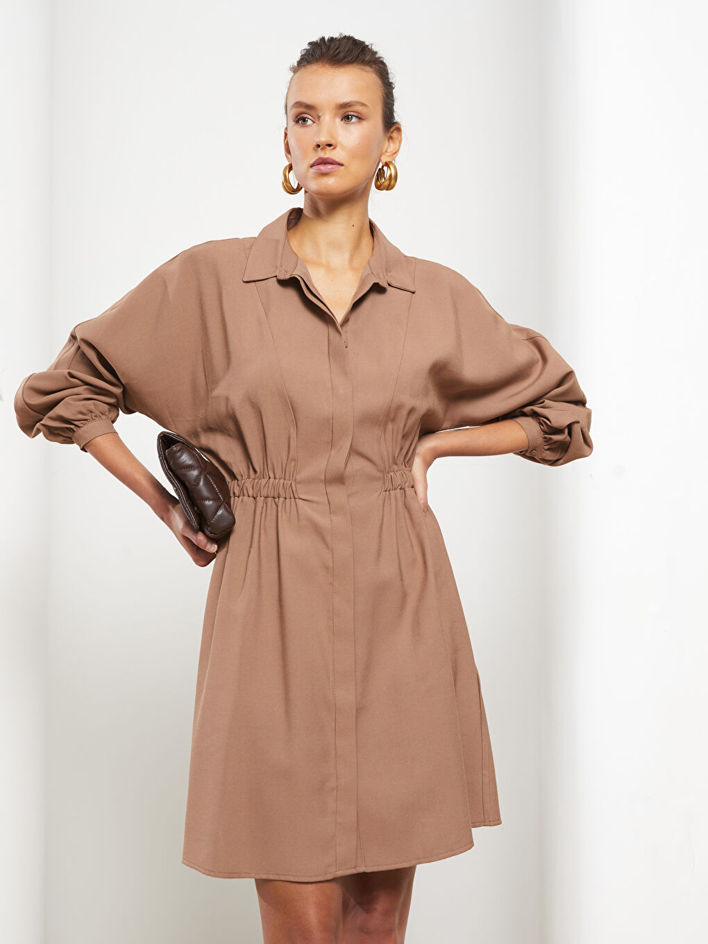 Plain Long Sleeve Women's Shirt Dress-1