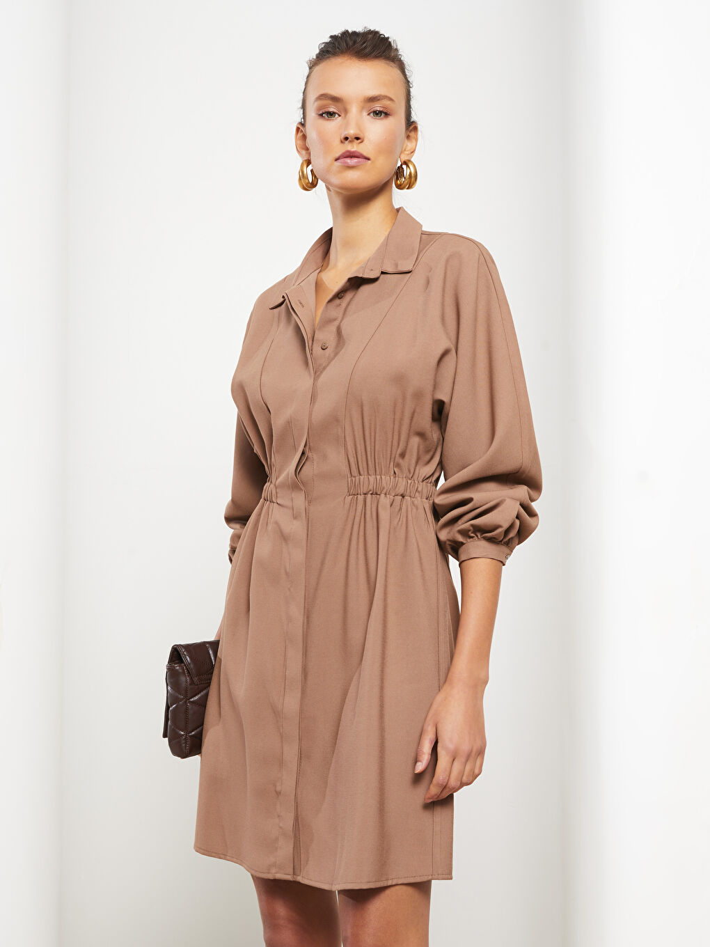 Plain Long Sleeve Women's Shirt Dress-2