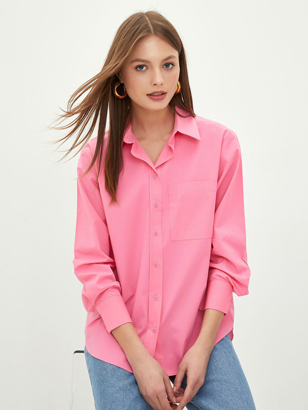 Pembe Önden Düğme Kapamalı Düz Uzun Kollu Poplin Kadın Gömlek