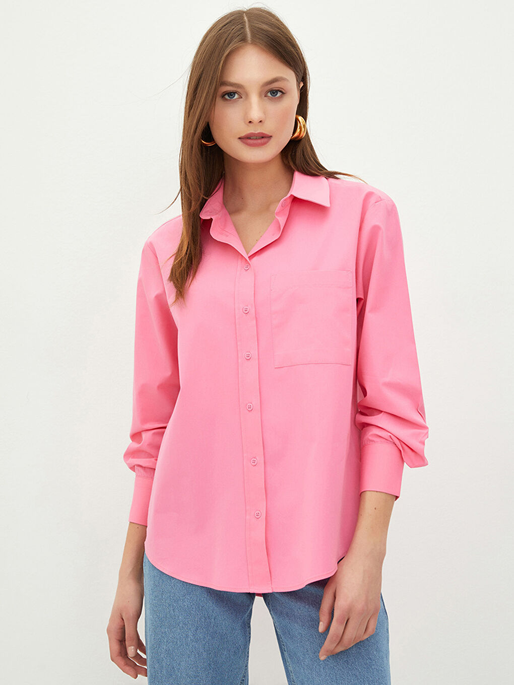 Pembe Önden Düğme Kapamalı Düz Uzun Kollu Poplin Kadın Gömlek-1