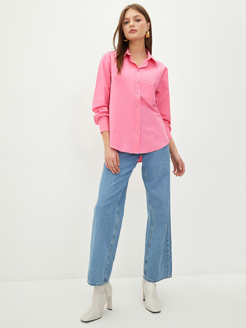 Pembe Önden Düğme Kapamalı Düz Uzun Kollu Poplin Kadın Gömlek-2