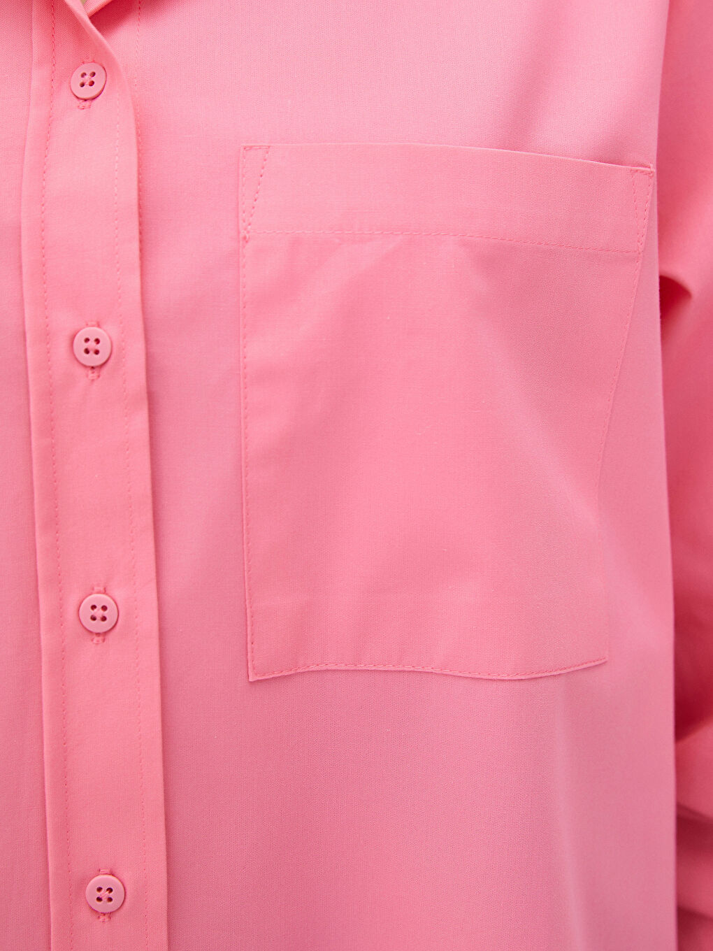 Pembe Önden Düğme Kapamalı Düz Uzun Kollu Poplin Kadın Gömlek-3