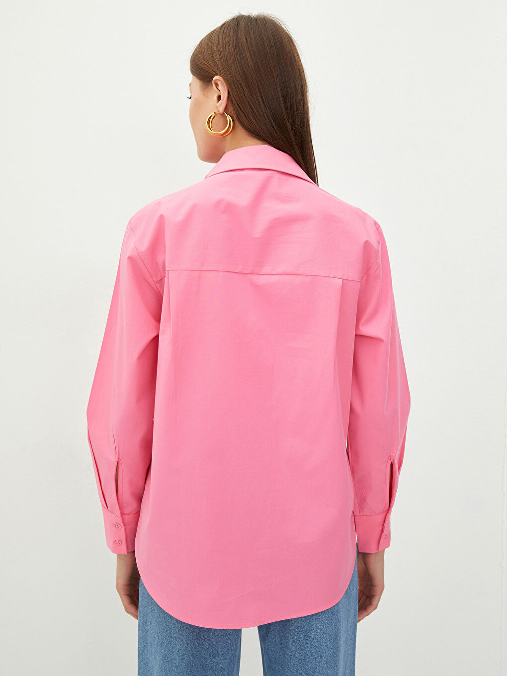 Pembe Önden Düğme Kapamalı Düz Uzun Kollu Poplin Kadın Gömlek-4