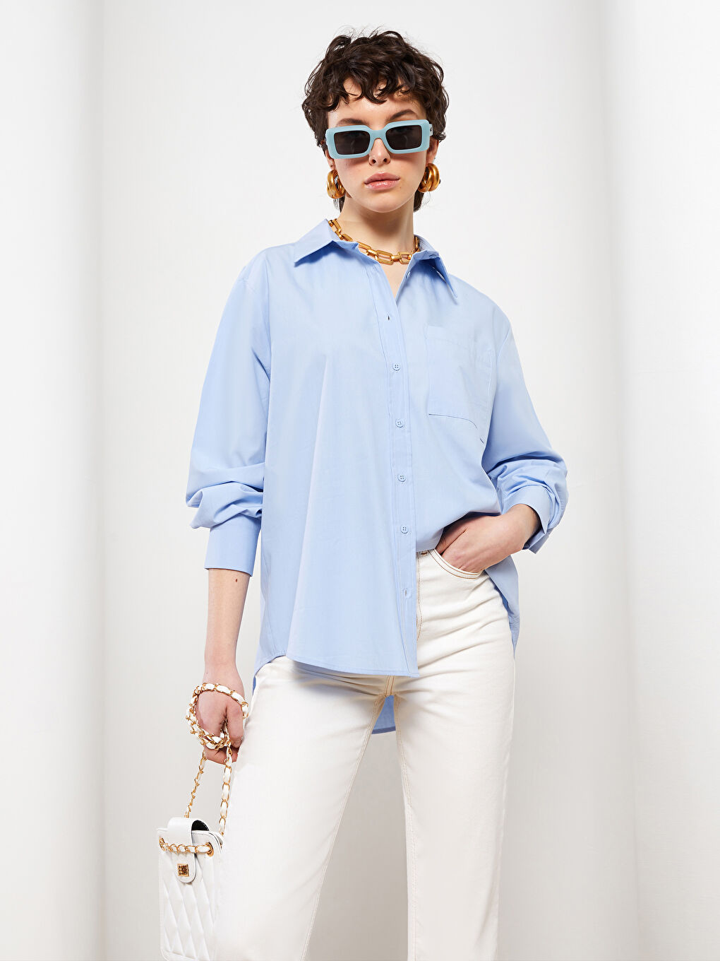 Buttoned Regular Long Sleeve Poplin Women's Shirt-1