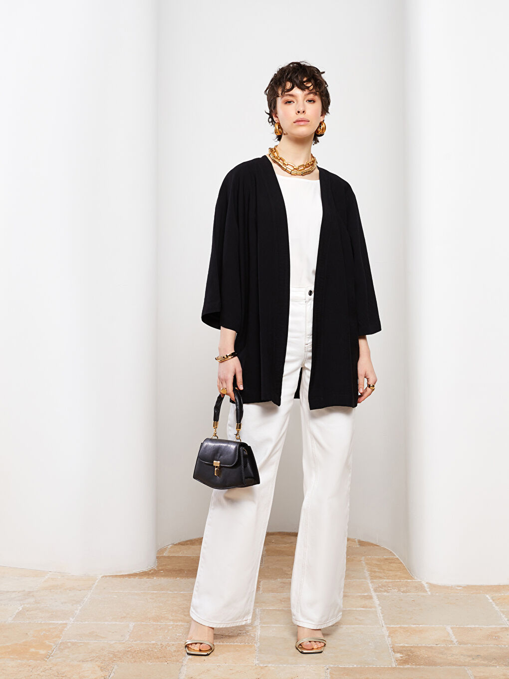 Әйелдерге арналған шаль жаға өрнексіз кимоно-1