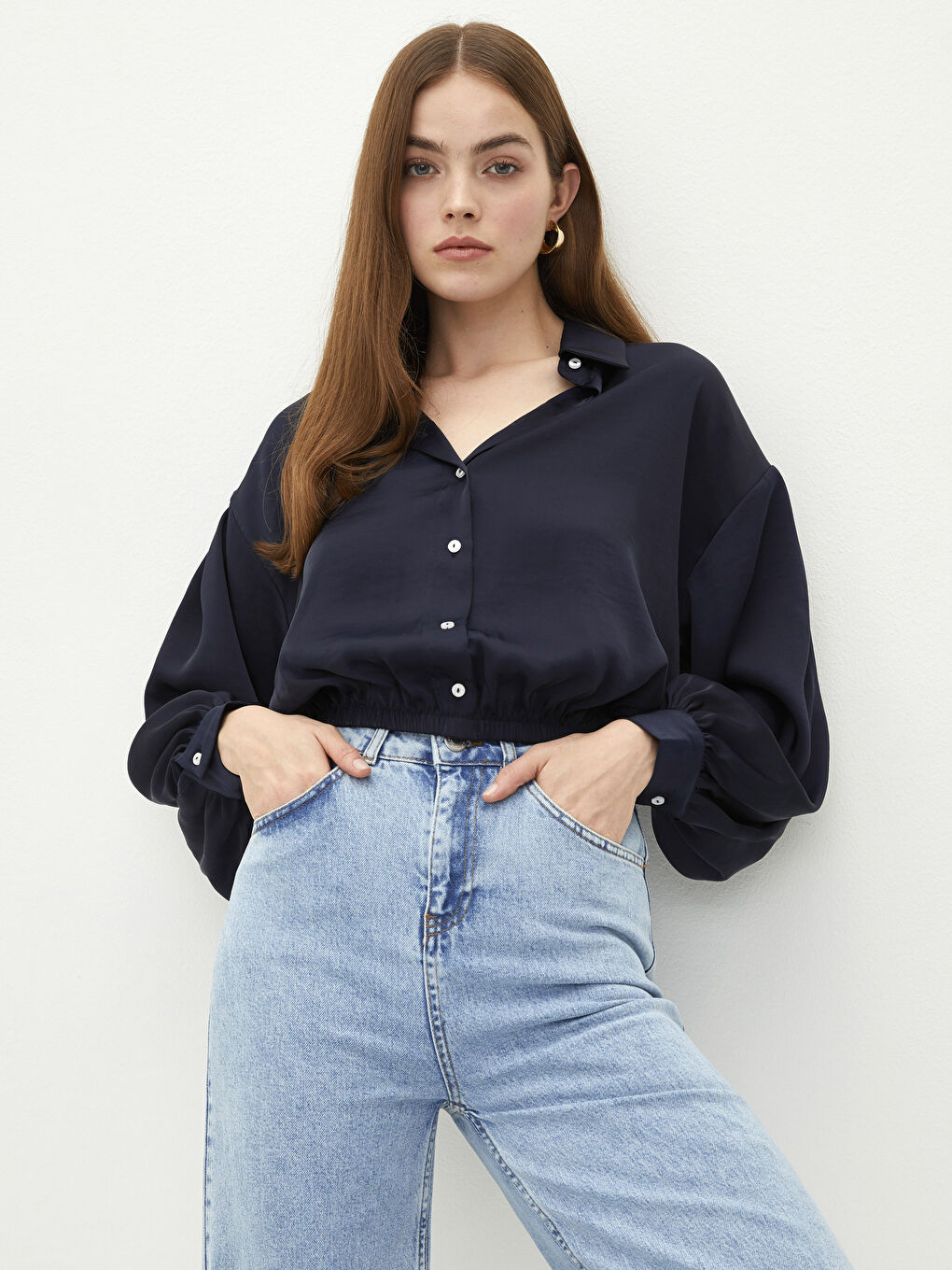 Cămașă Satin Oversize cu Mâneci Lungi și Închidere Frontală cu Nasturi pentru Femei-1