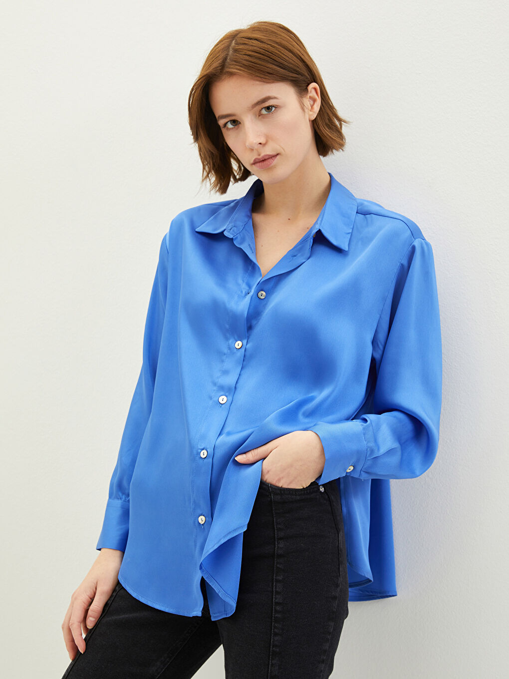 Mavi Önden Düğme Kapamalı Düz Uzun Kollu Kadın Gömlek