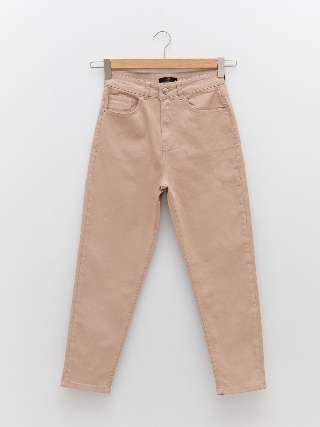 Bej Yüksek Bel Standart Fit Cep Detaylı Kadın Jean Pantolon-5