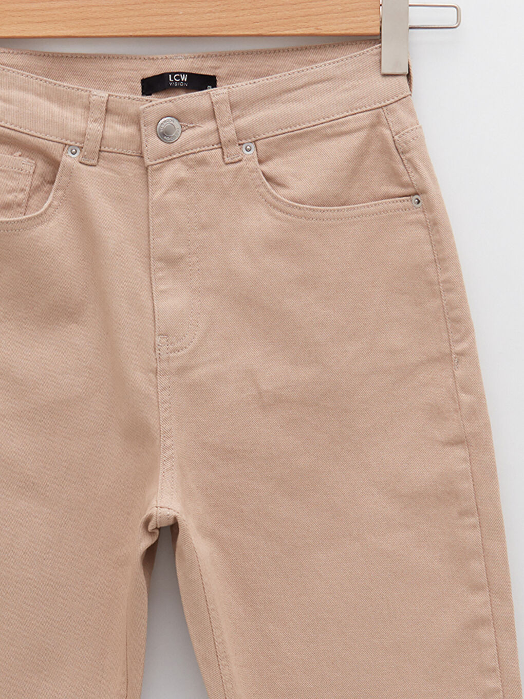 Bej Yüksek Bel Standart Fit Cep Detaylı Kadın Jean Pantolon-7