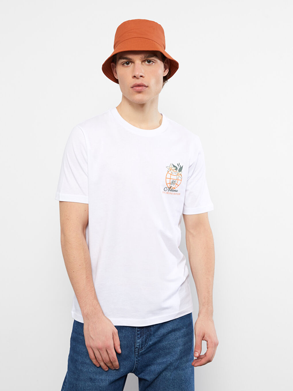 Beyaz Bisiklet Yaka Kısa Kollu Adana Baskılı Penye Erkek Tişört-4