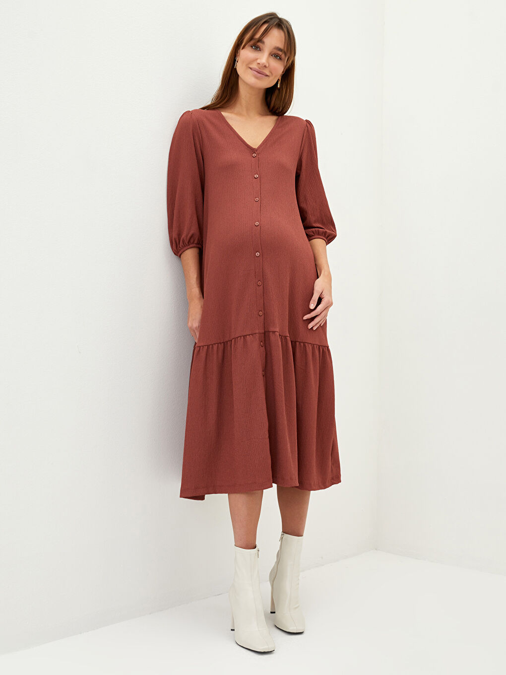 V Neck Plain Crinkle Maternity Dress -S2EY47Z8-S4L