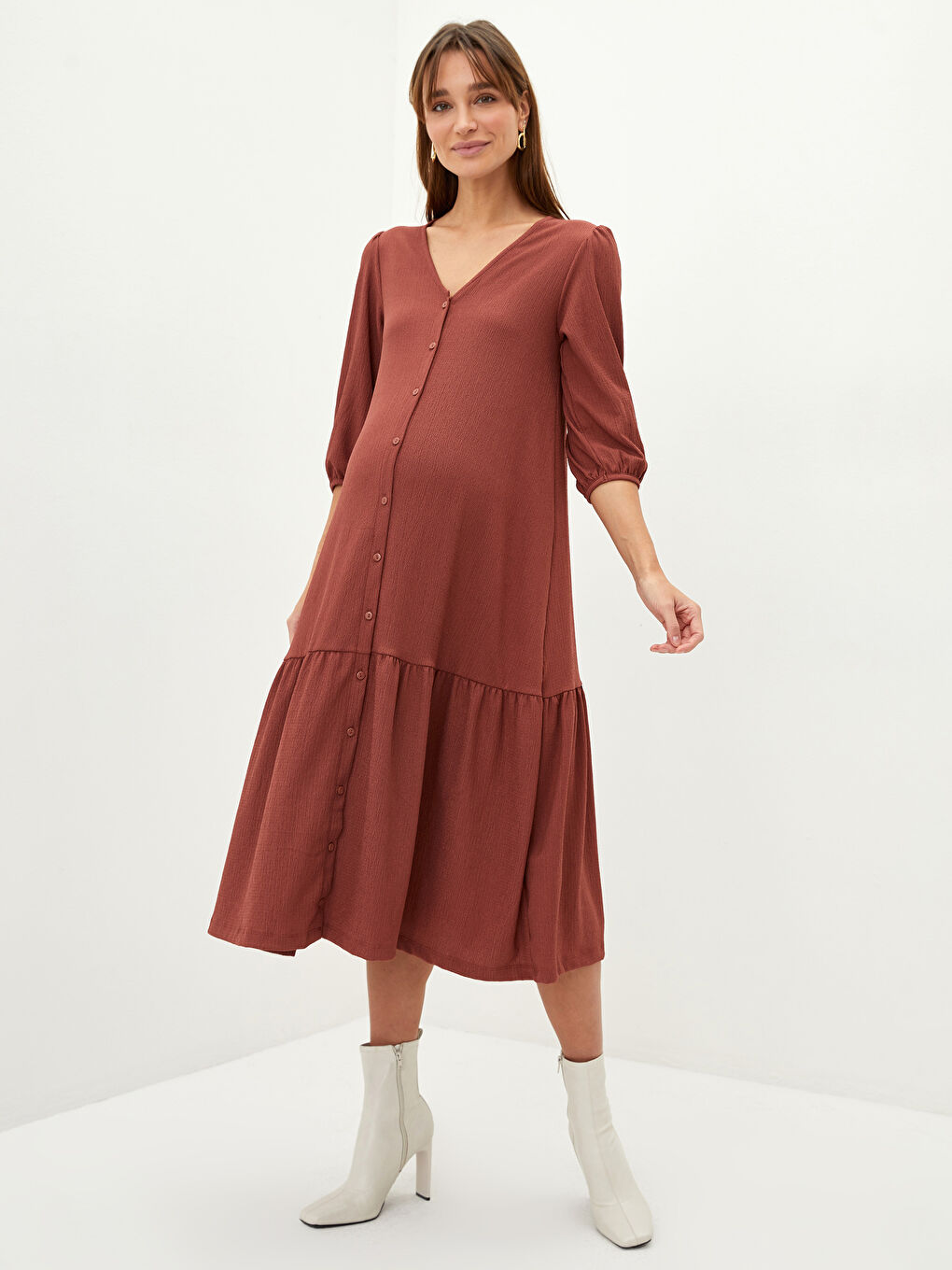 V Neck Plain Crinkle Maternity Dress -S2EY47Z8-S4L