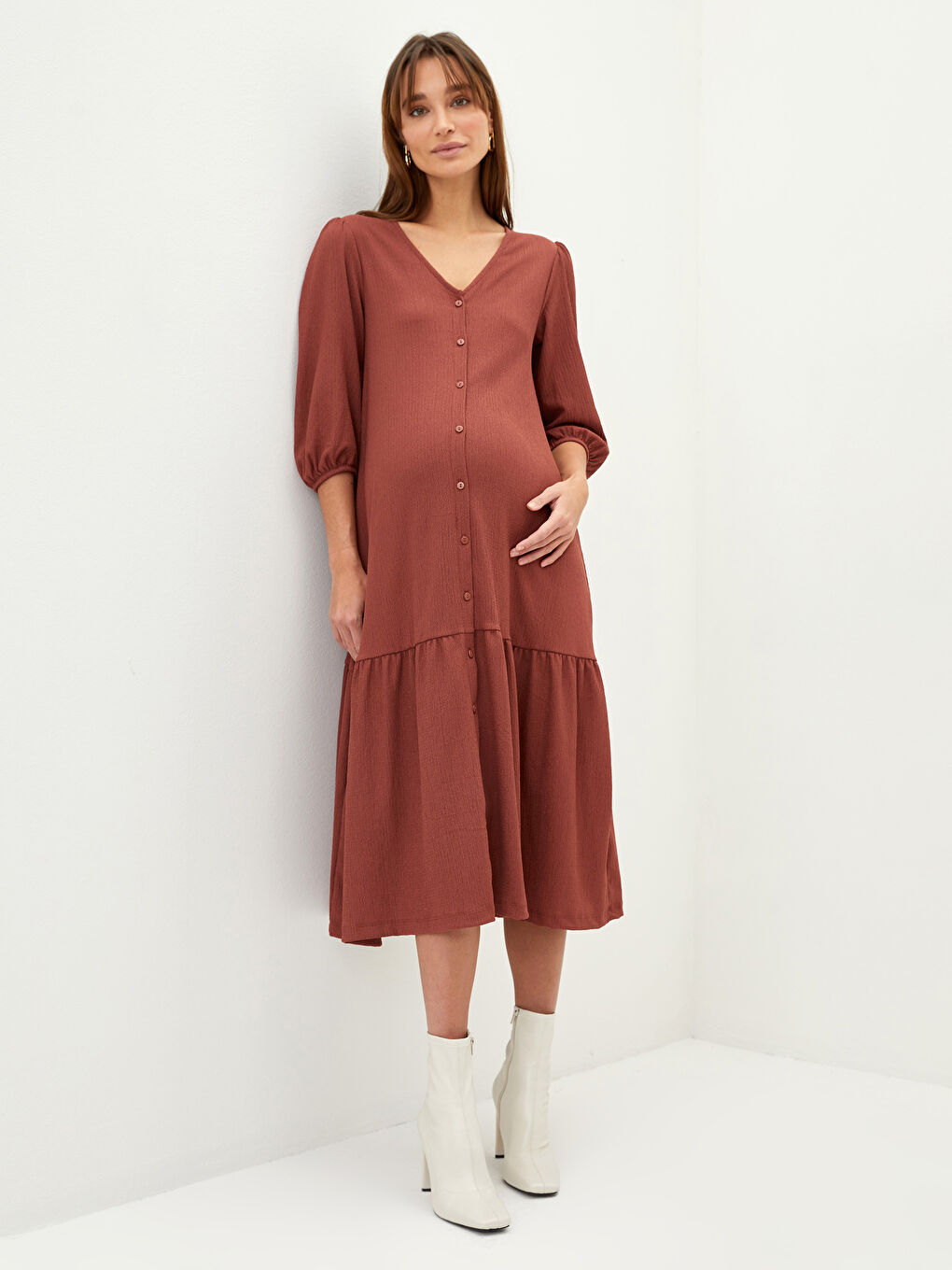 V Neck Plain Crinkle Maternity Dress -S2EY47Z8-S4L