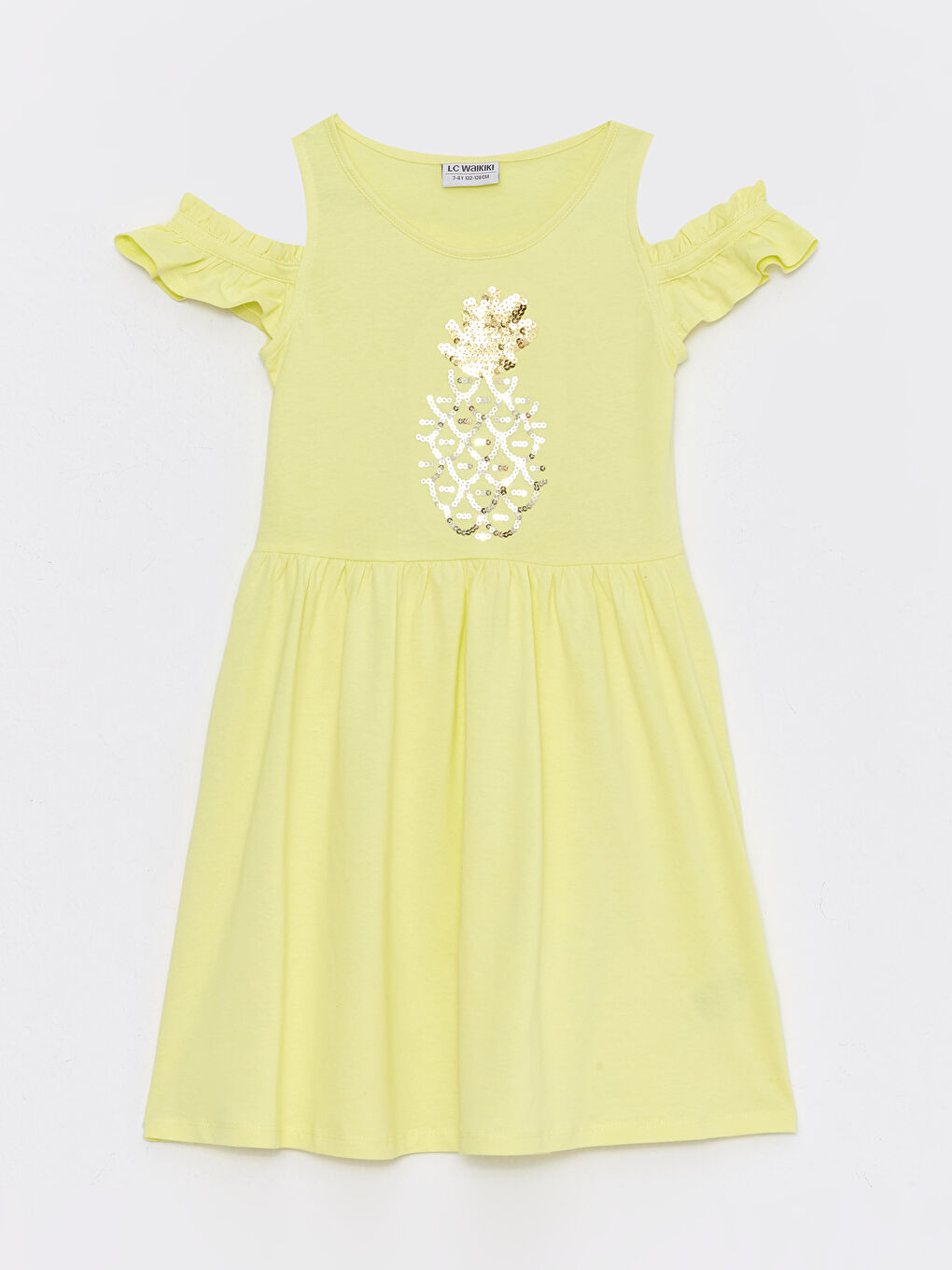 Sarı Bisiklet Yaka Pul İşlemeli Kısa Kollu Kız Çocuk Elbise