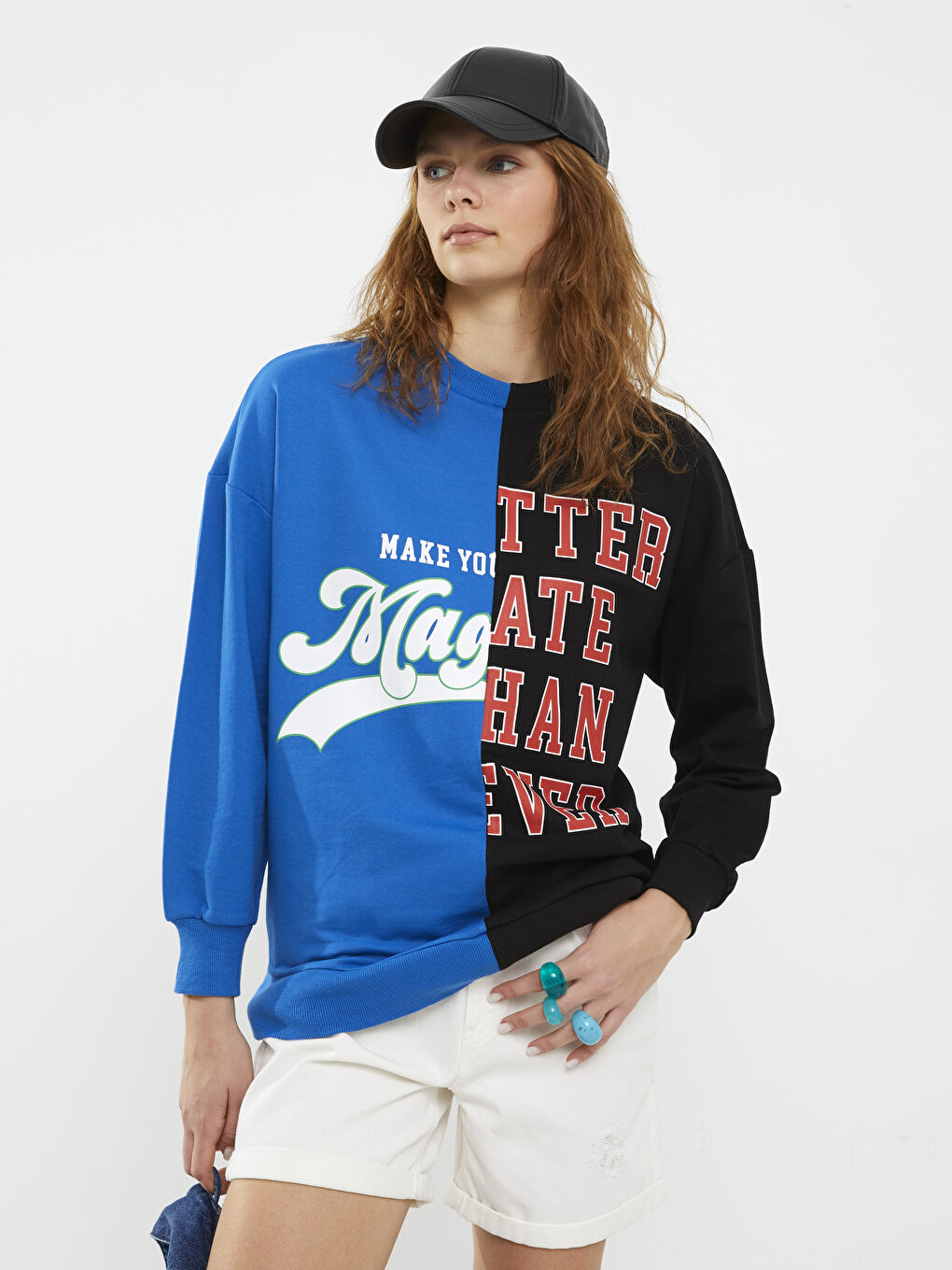 Mavi Bisiklet Yaka Renk Bloklu Uzun Kollu Kadın Sweatshirt