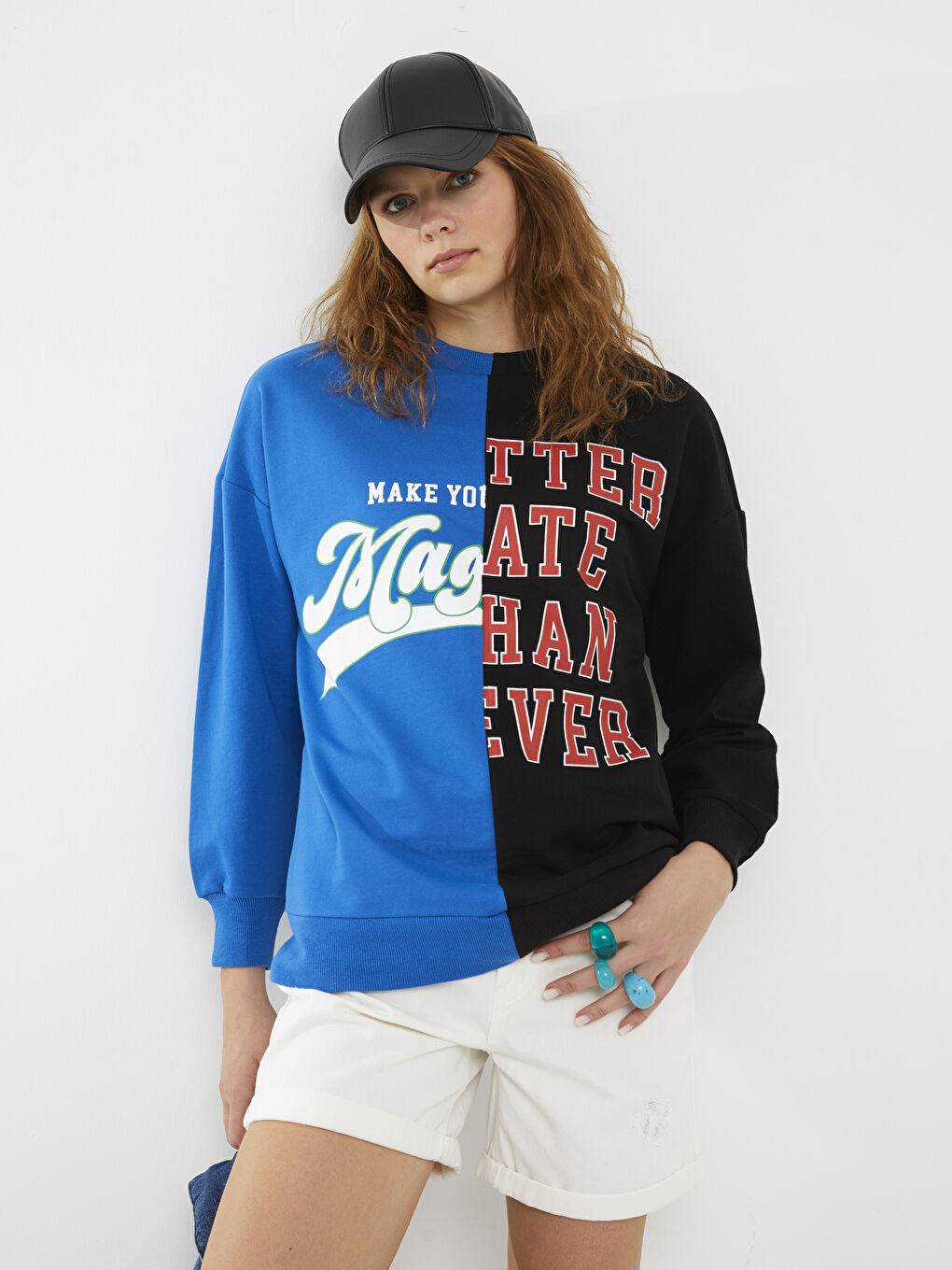 Mavi Bisiklet Yaka Renk Bloklu Uzun Kollu Kadın Sweatshirt-1