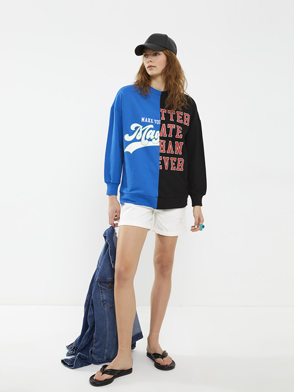 Mavi Bisiklet Yaka Renk Bloklu Uzun Kollu Kadın Sweatshirt-2