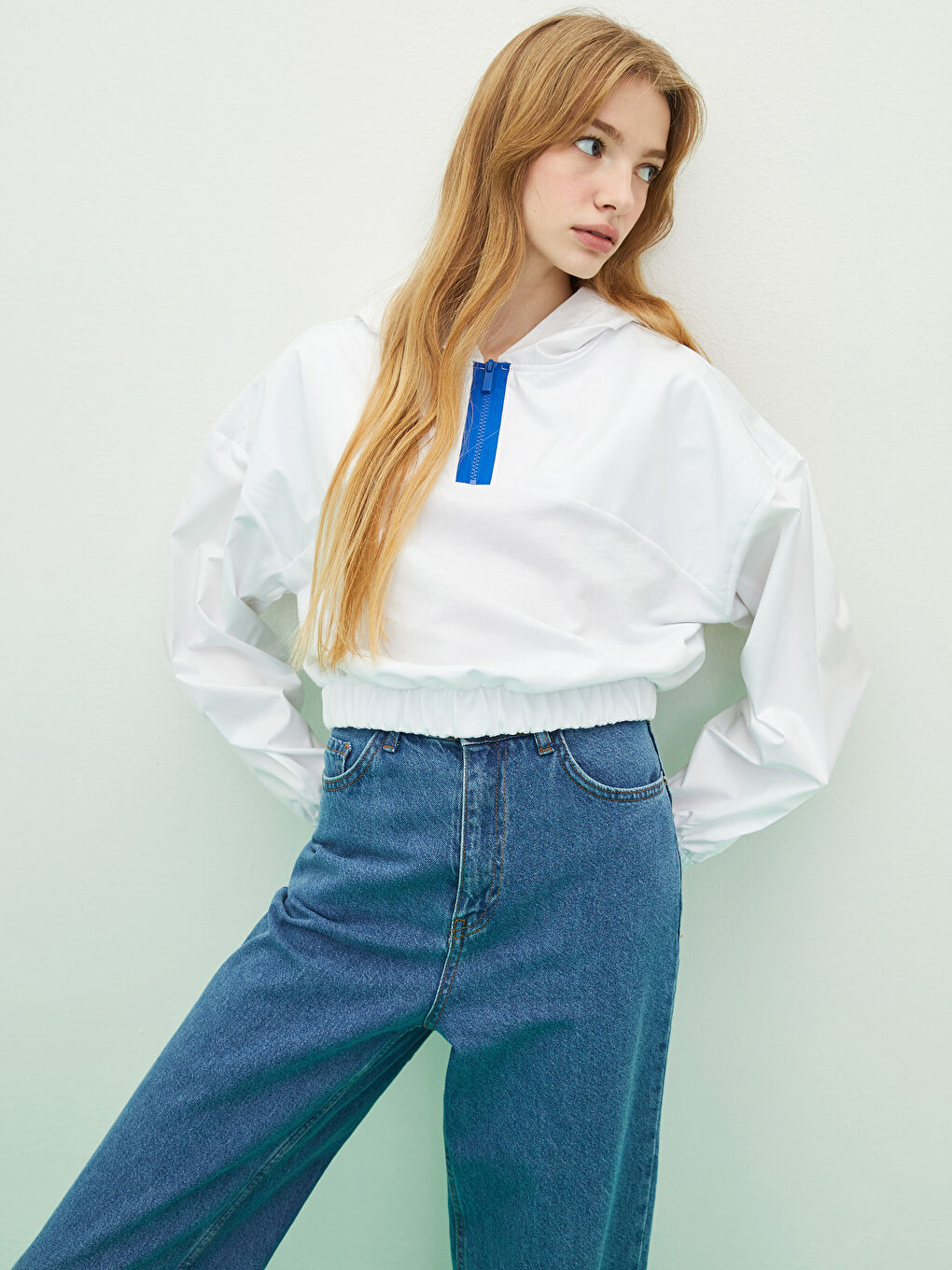 Beyaz Düz Uzun Kollu Kadın Hoodie