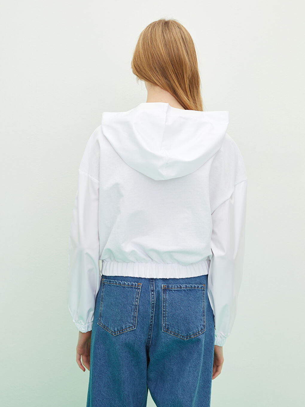 Beyaz Düz Uzun Kollu Kadın Hoodie-4