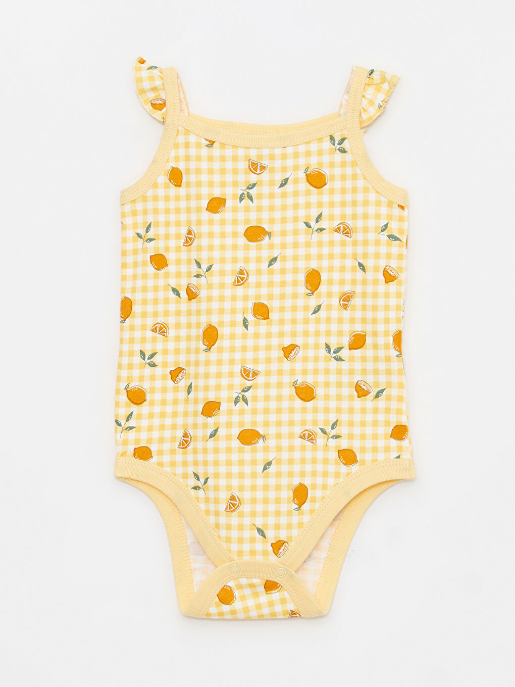 بدلة جسم ياقة مربعة بِحَمّالات قطن مطبوع للبنات الرضع مع كباسين - قطعتين-1